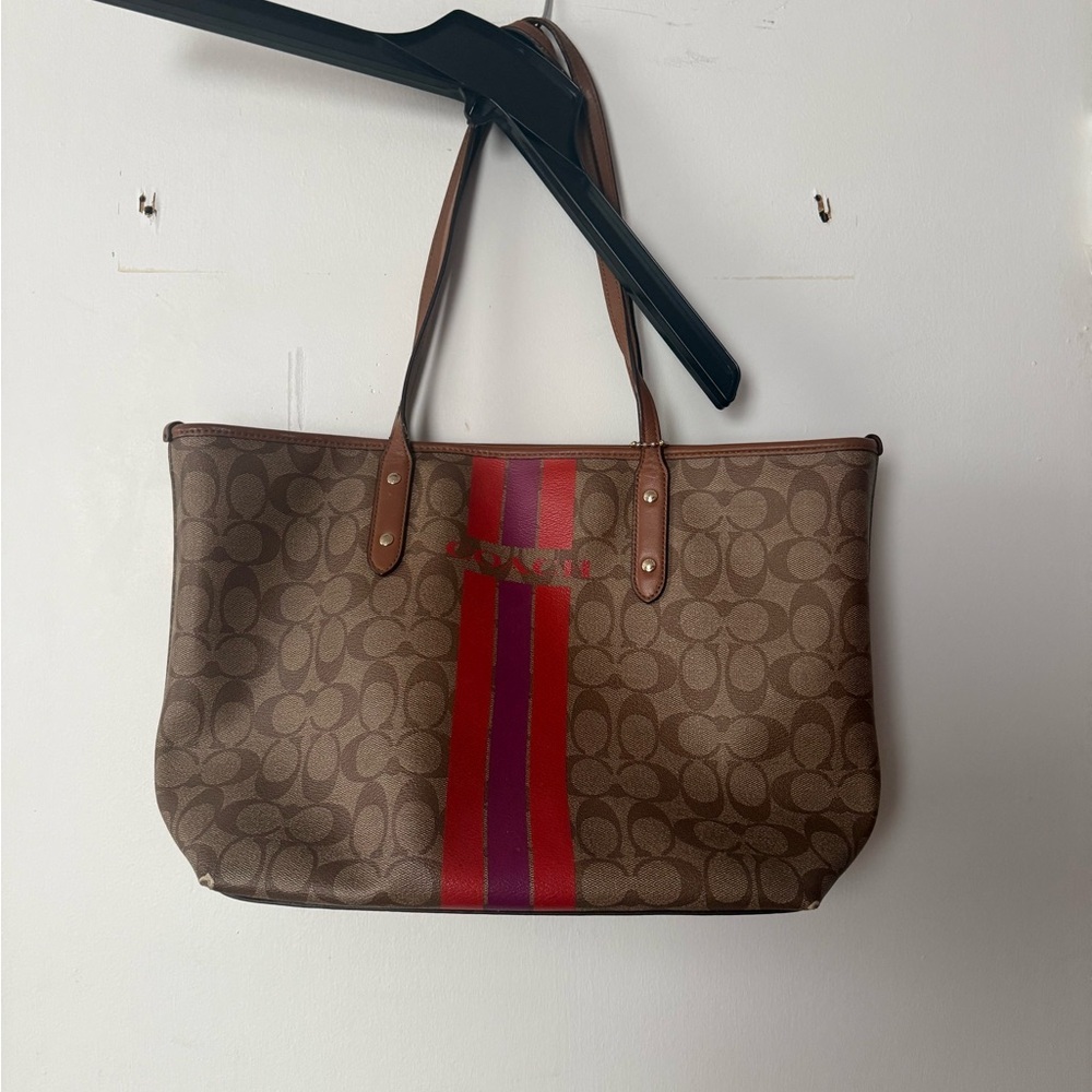 Coach Brown Signature Tote with Red and Purple Stripe